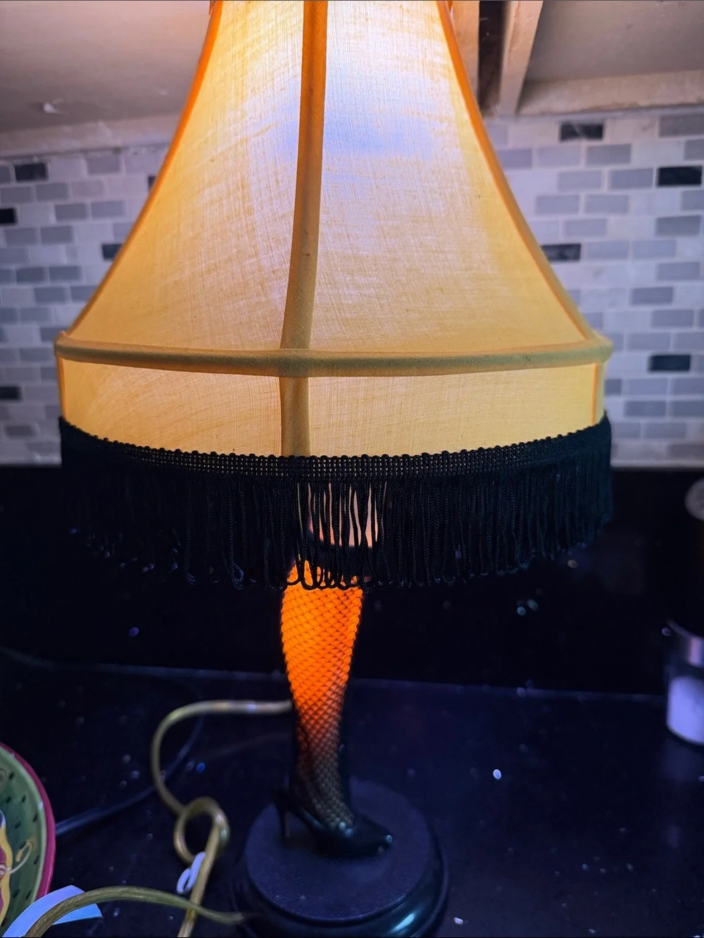 Christmas Story Classic Beige Fabric Leg Table Lamp with Black Fringe -